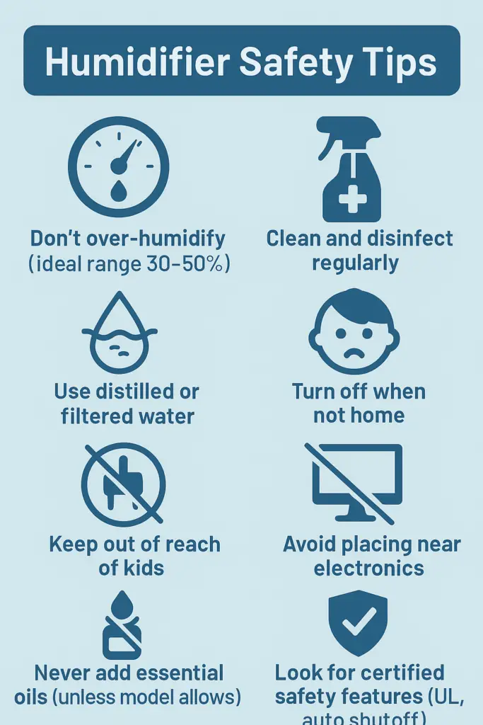 Humidifier safety tips – visual checklist of safe practices including placement, cleaning, and humidity level control
