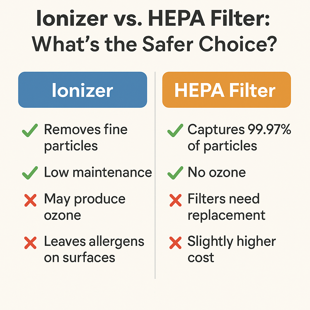 Comparison of ionizer and HEPA filter pros and cons for air purification safety