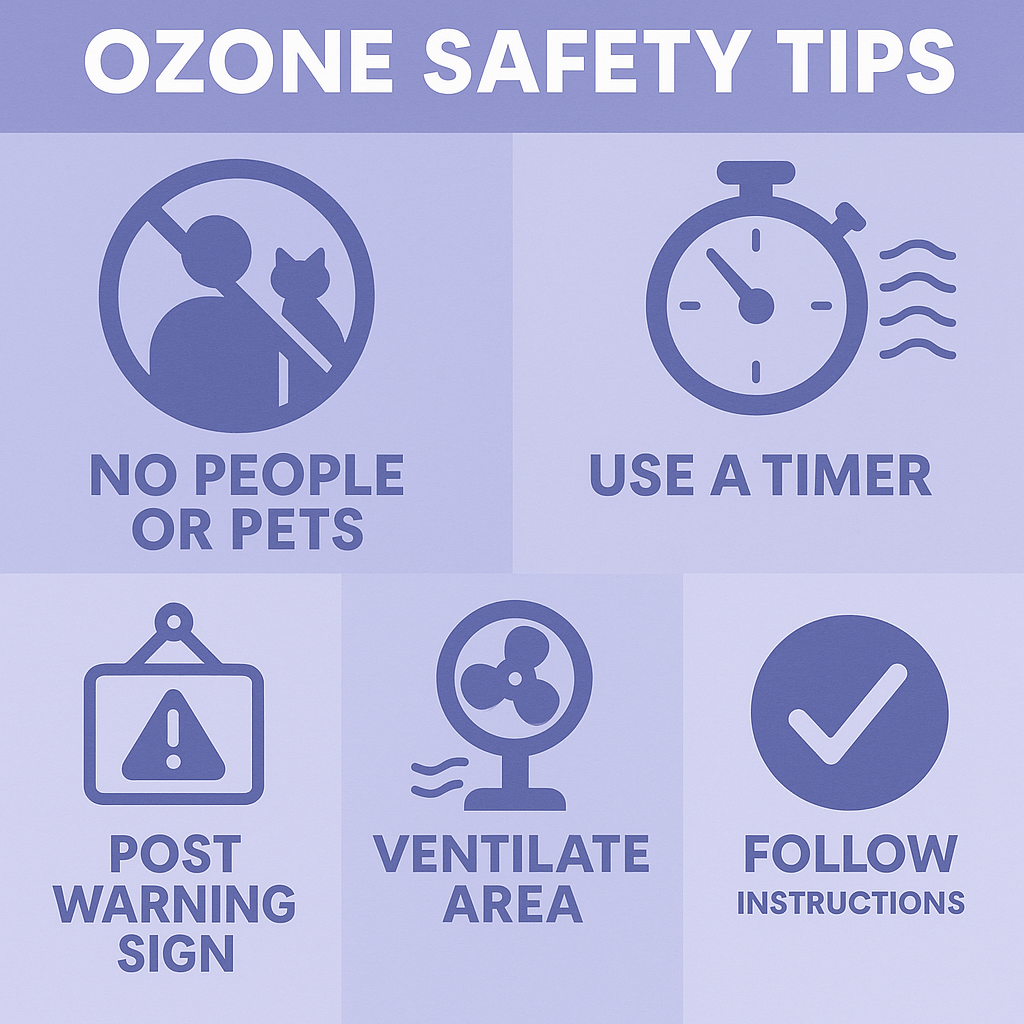 Visual safety guide showing icons for no people or pets, use a timer, post warning signs, ventilate the area, and follow instructions."