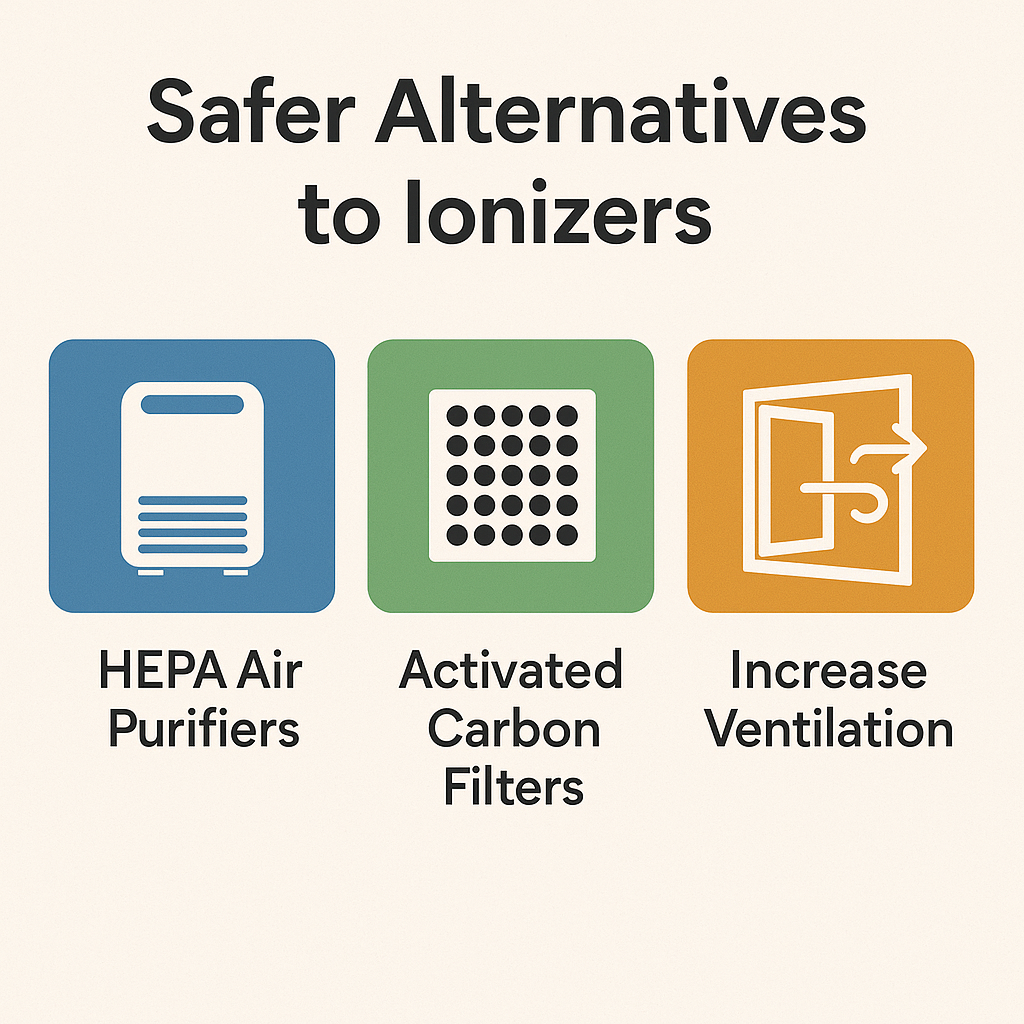 Infographic showing safer alternatives to ionized purifiers including HEPA, carbon, and UV-C
