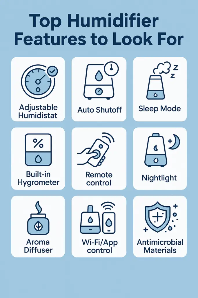 op humidifier features – 3x3 grid of icons showing humidistat, auto shutoff, sleep mode, Wi-Fi, and more