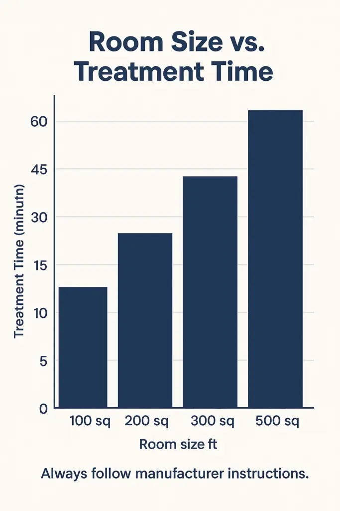Illustration showing air flowing through a window and fan after ozone treatment, labeled 'Fresh Air In' and 'Ozone Out'.