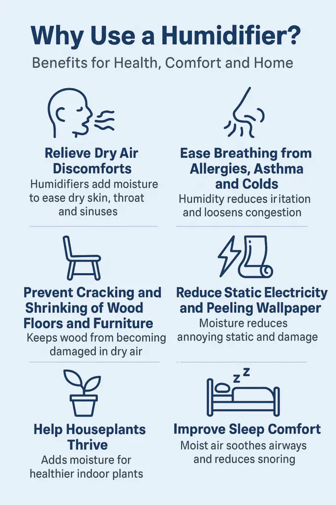 Why use a humidifier? – visual list of benefits including better sleep, reduced static, and improved air quality