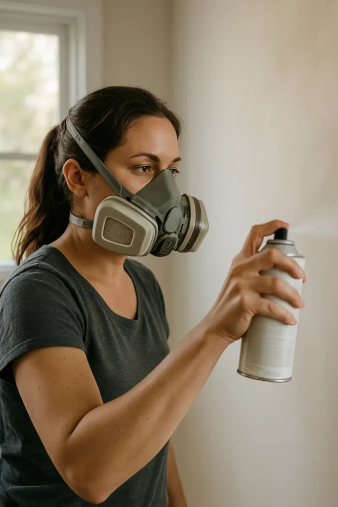 A pic of a Woman wearing a mask using spray paint indoors 