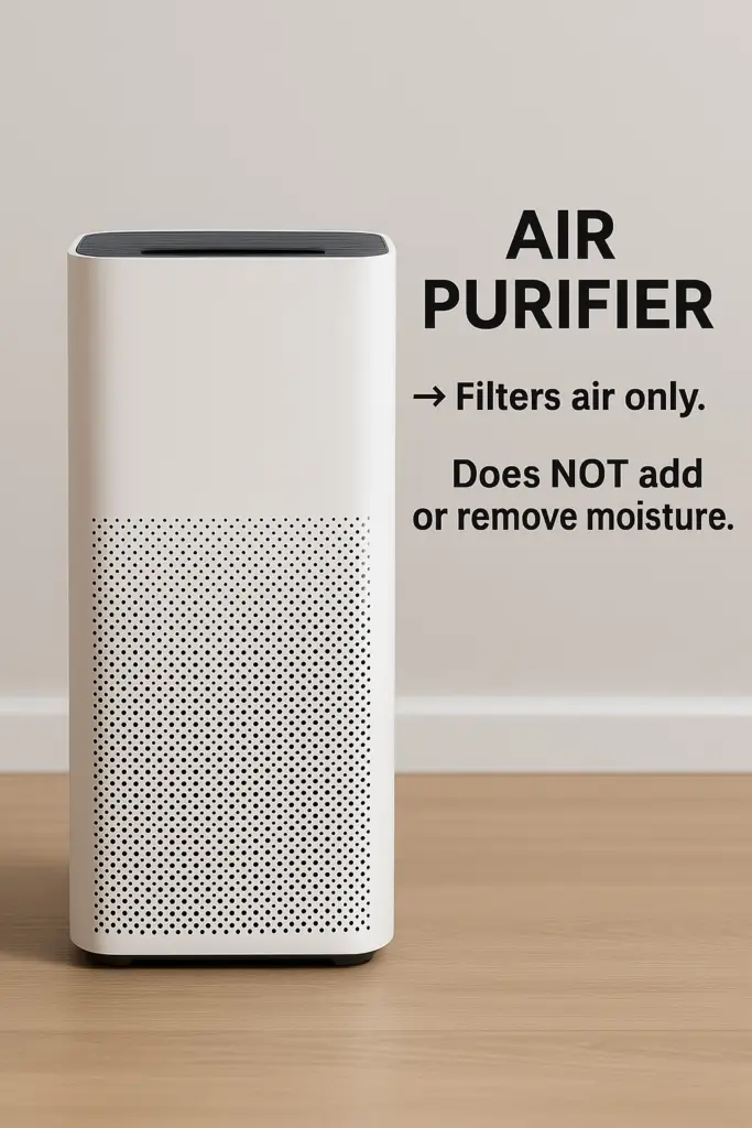 Modern air purifier with text showing it only filters air and does not affect humidity levels.