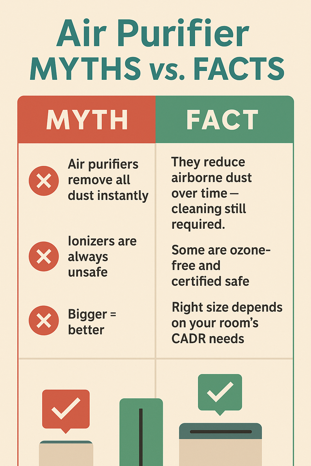 Infographic comparing common air purifier myths and facts.