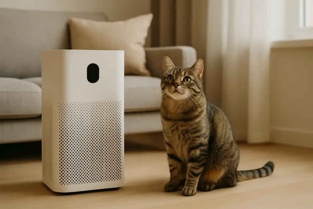 Tabby cat sitting beside a modern white air purifier in a sunlit living room, symbolizing pet allergy relief and cleaner indoor air.