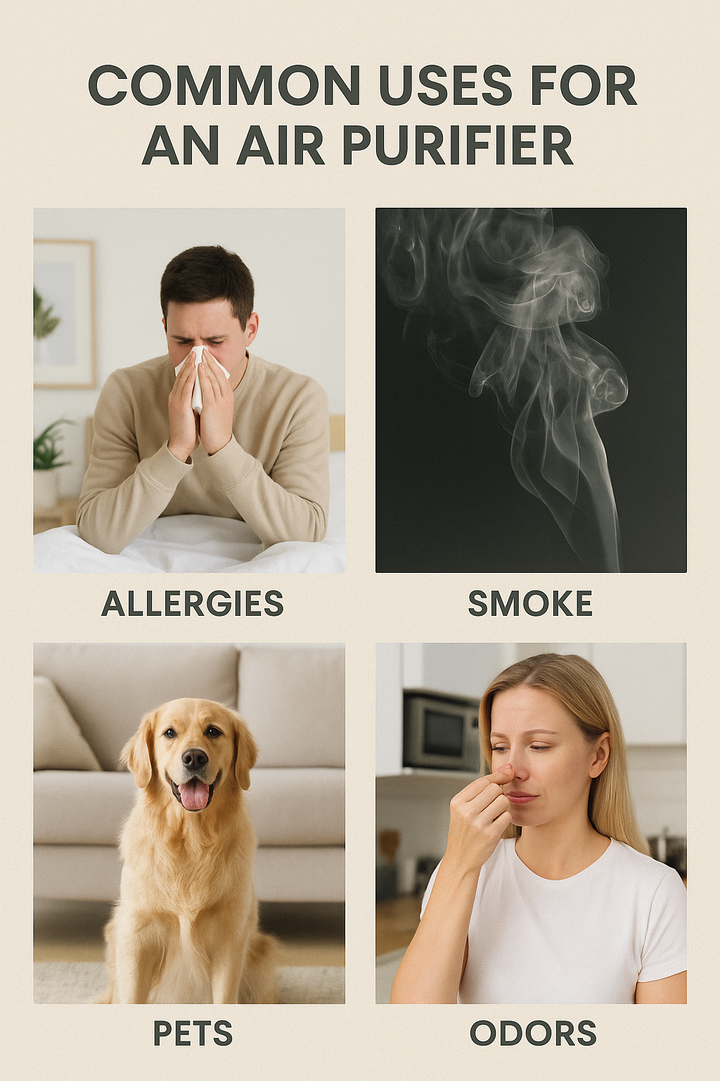Realistic images showing when to use an air purifier, including pets, smoke, pollen, and odors.