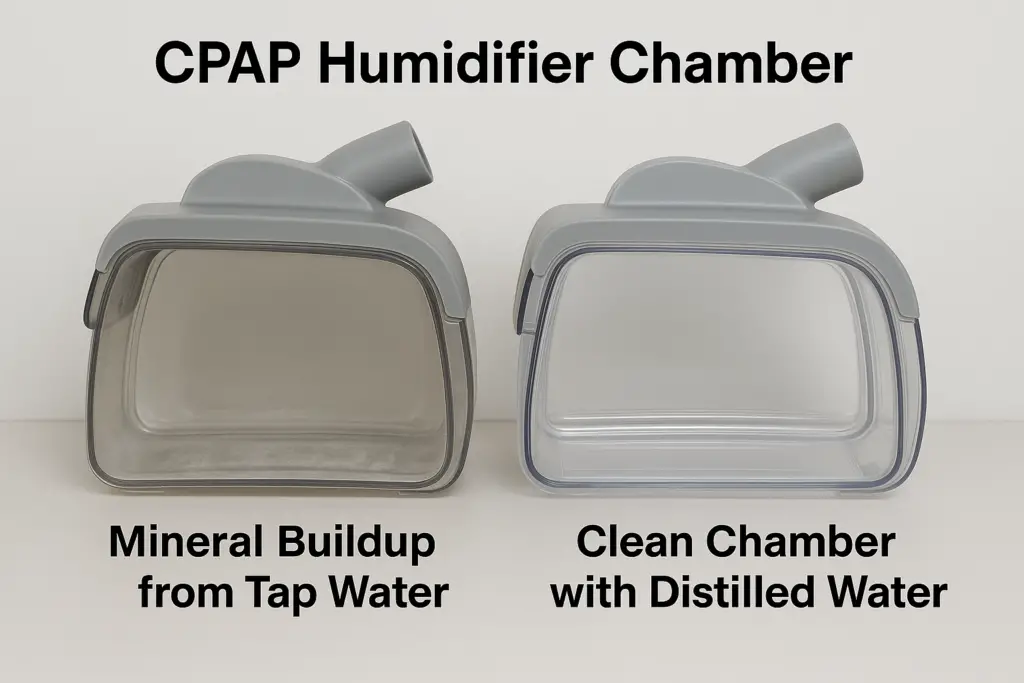 CPAP humidifier chamber showing mineral buildup from tap water compared to a clean chamber with distilled water.
