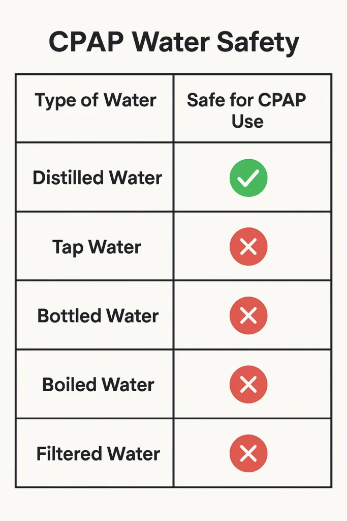 Comparison table showing distilled, tap, bottled, boiled, and filtered water safety for CPAP use