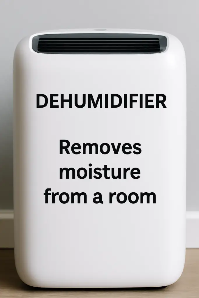 Realistic dehumidifier with text showing it removes excess moisture from indoor air.