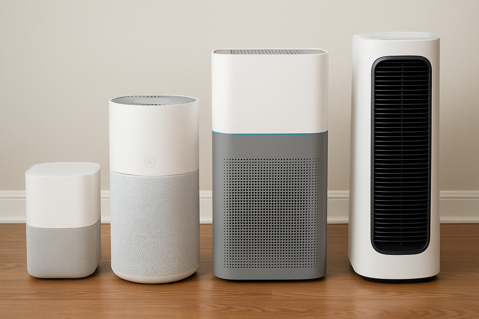 Photo of different sized air purifiers including desktop, mid-size, and tower models.