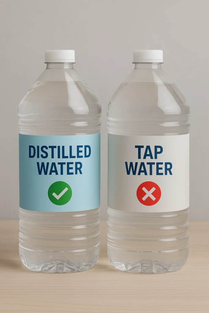 Distilled water and tap water bottles side by side, highlighting the difference in safety for CPAP use