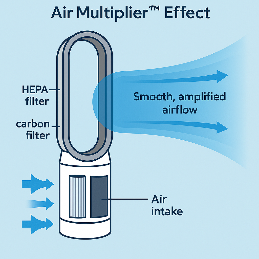 Dyson bladeless fan with HEPA and carbon filter for cooling and air purification