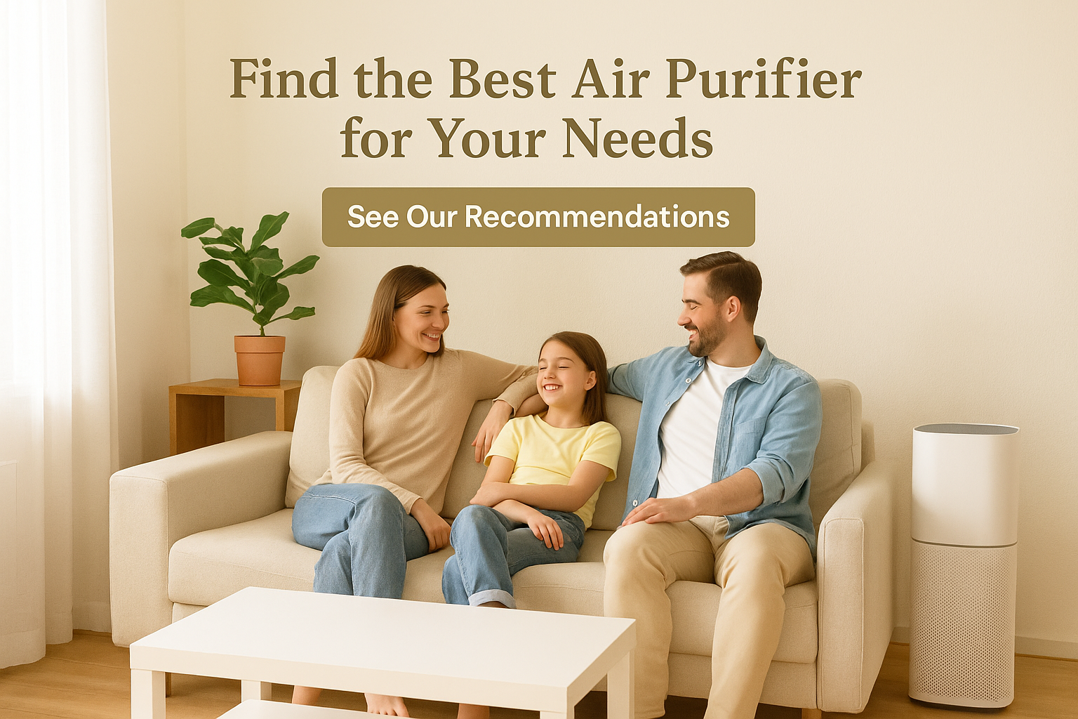 Family relaxing in living room with air purifier and link to best air purifiers guide.