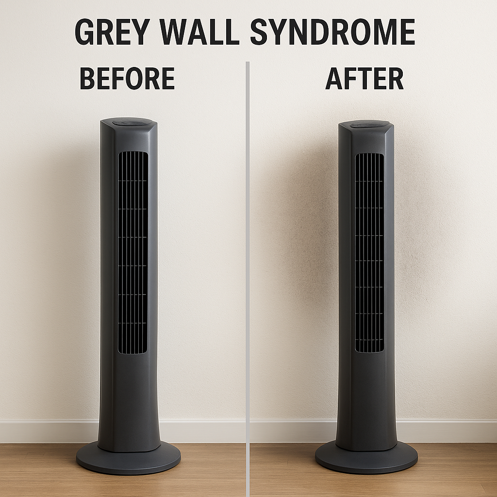 Dust buildup on walls caused by ionizer fan – Grey Wall Syndrome example