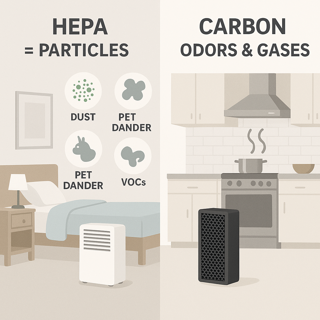 Split infographic showing a HEPA purifier in a bedroom filtering dust and dander, and a carbon purifier in a kitchen removing cooking odors and VOCs.