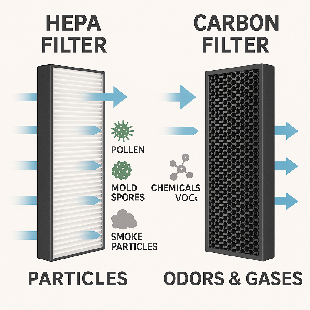 Infographic showing HEPA filter capturing dust, pollen, mold spores, and smoke particles, while carbon filter absorbs odors, VOCs, and chemicals.