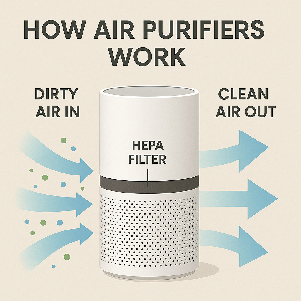 Diagram showing air intake, filtration, and clean air output.