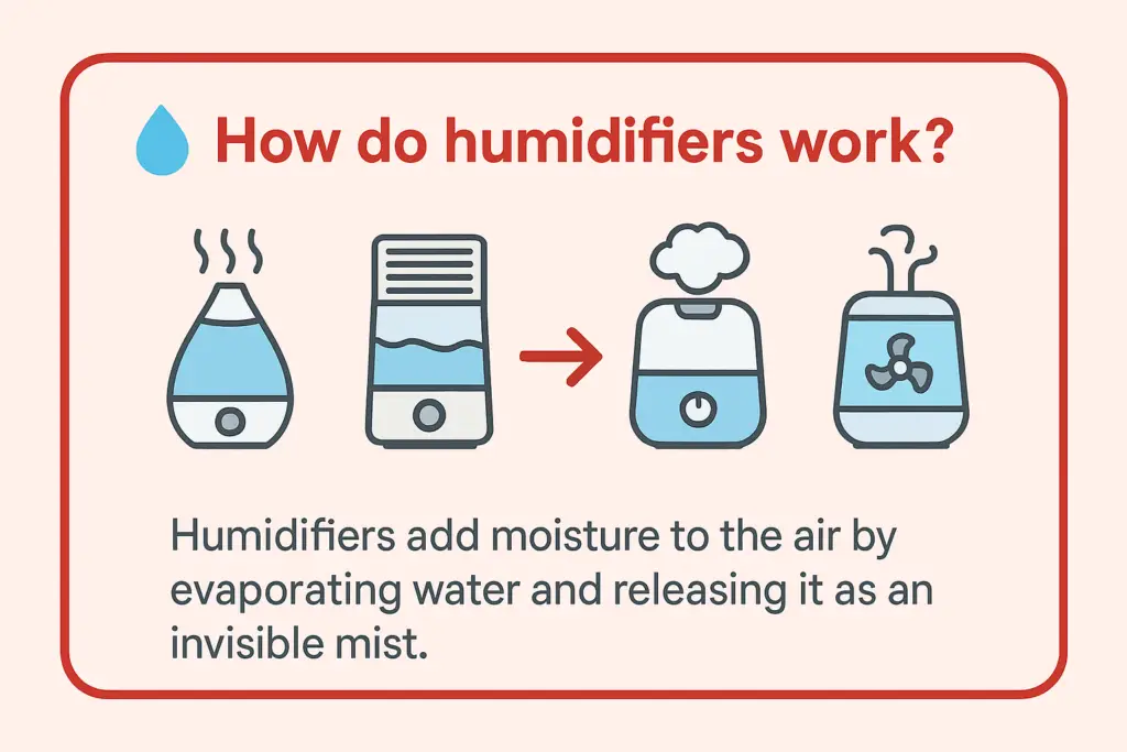 How do humidifiers work infographic – diagram showing different types of humidifiers adding moisture to indoor air as invisible mist