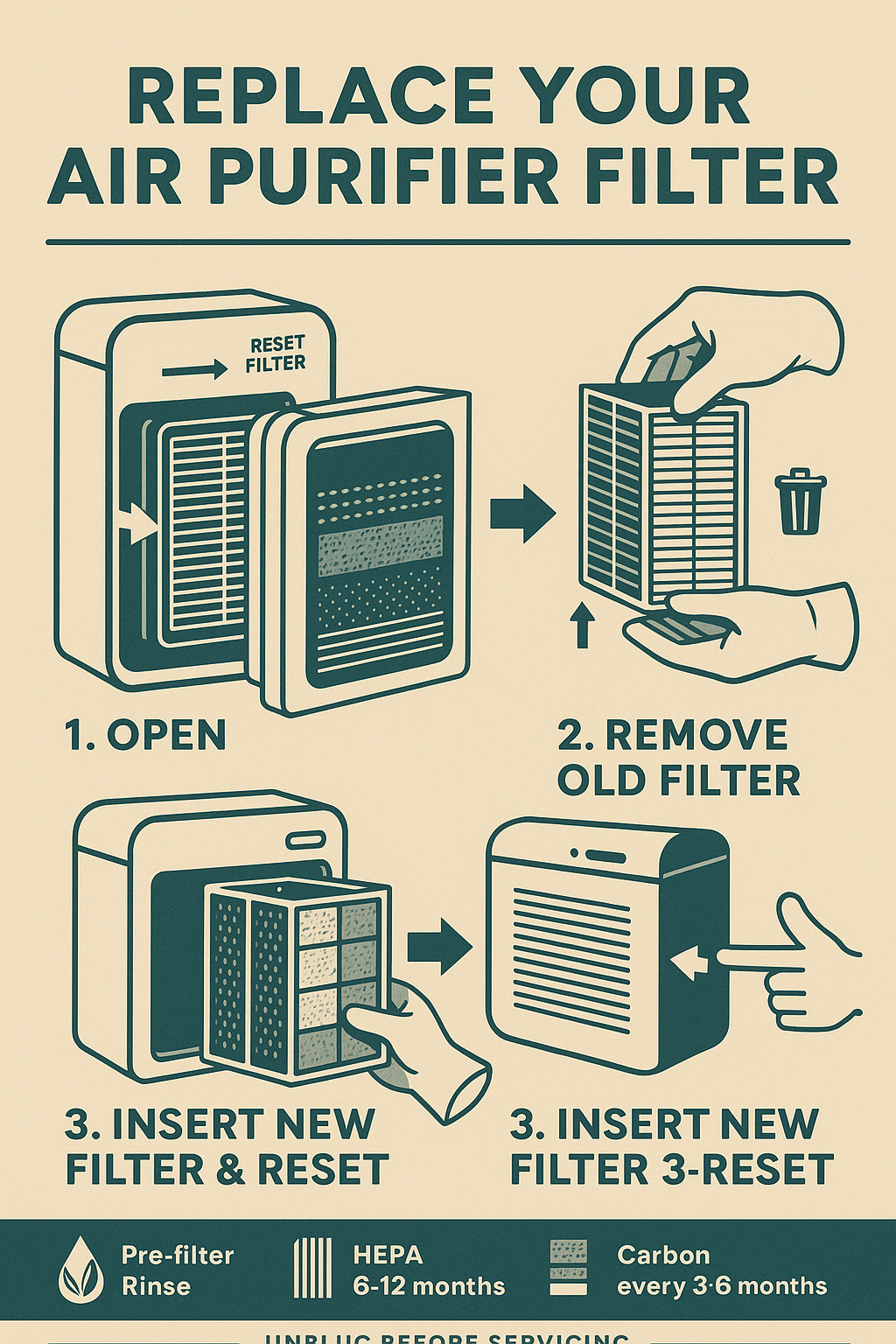 Step-by-step graphic showing how to replace an air purifier filter.