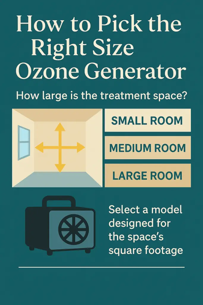 Infographic showing how to pick the right size ozone generator based on room type and odor severity, including small rooms, bedrooms, living spaces, and whole-home treatments.