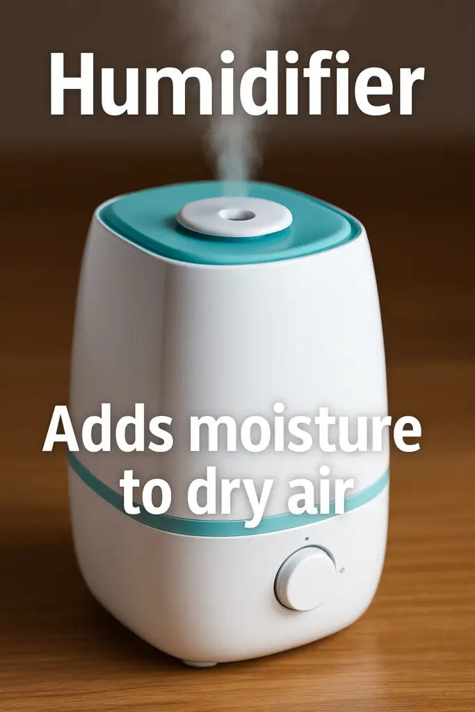 Realistic humidifier releasing visible mist with text explaining it adds moisture to a room.