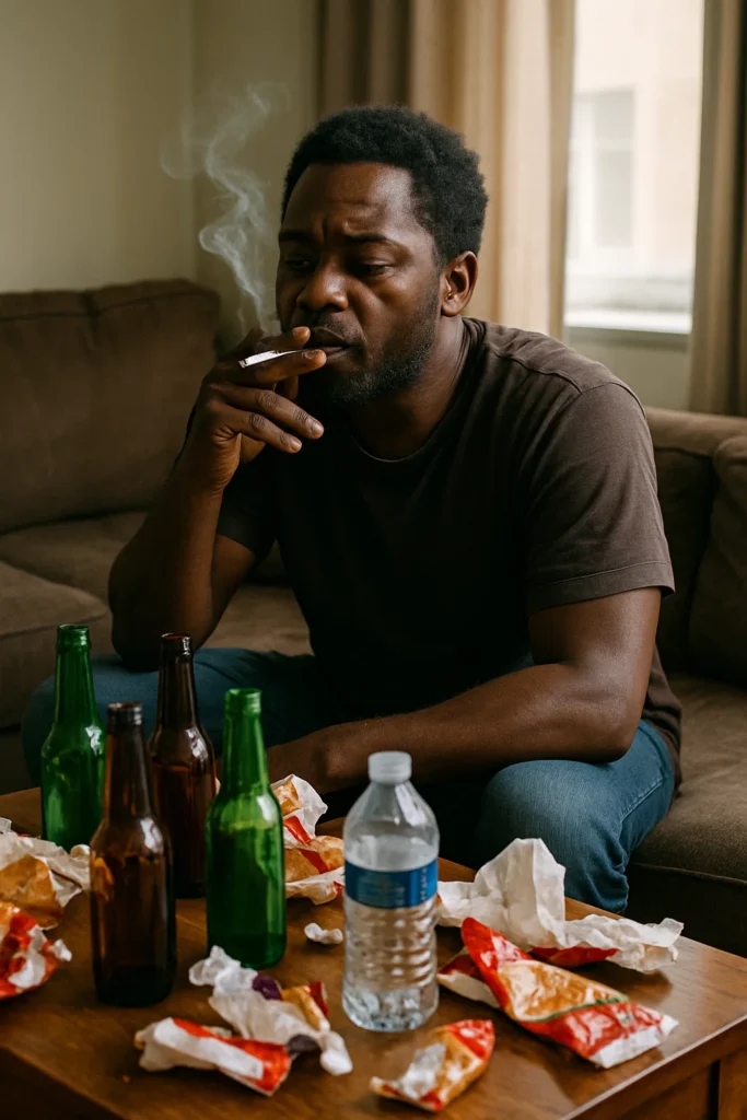 a man smoking a cigarette in a cluttered room