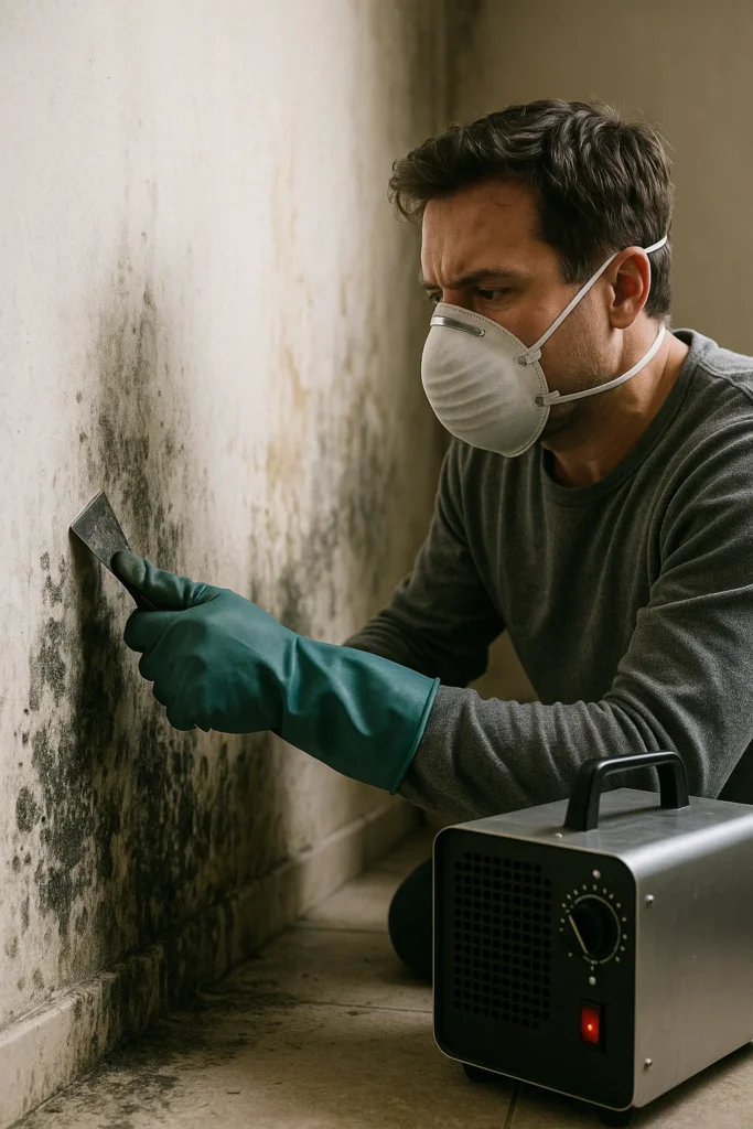 a picture of a man scraping mold with a ozone generator near by