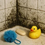 a picture of a moldy shower with a yellow rubber duck