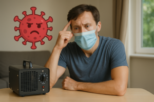 Picture of a man contemplating a ozone machine for viruses