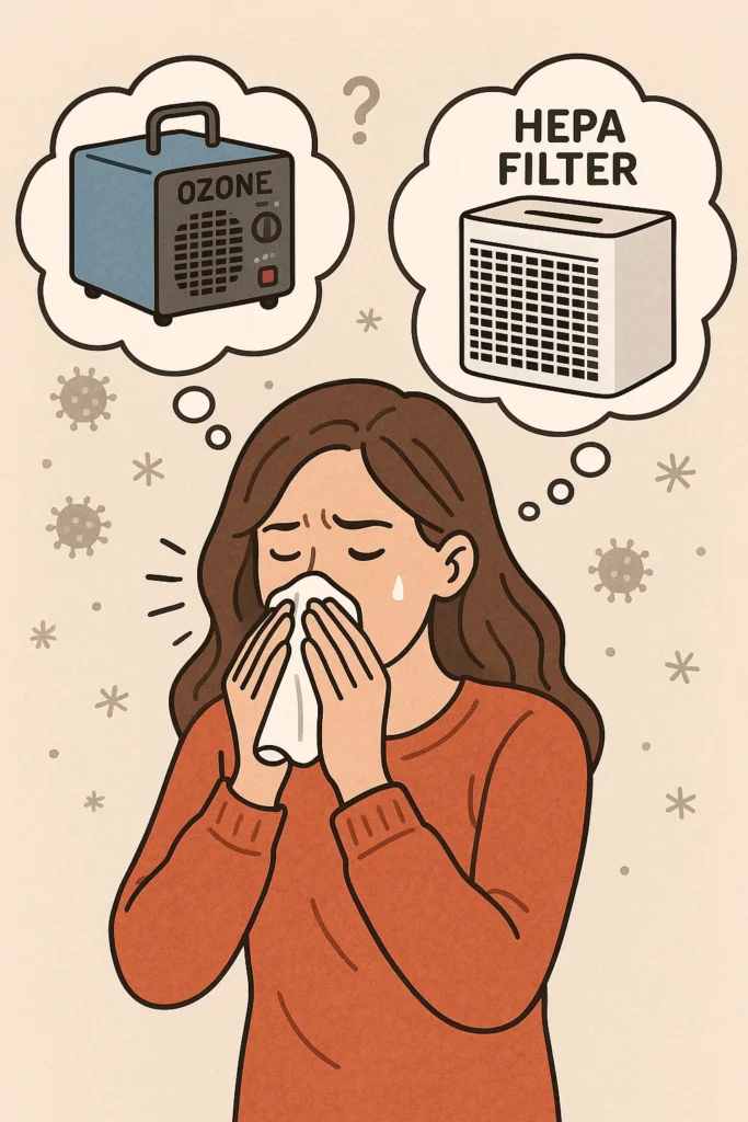 Illustration of a girl wondering if she needs a HEPA filter or a ozone generator for her allergies