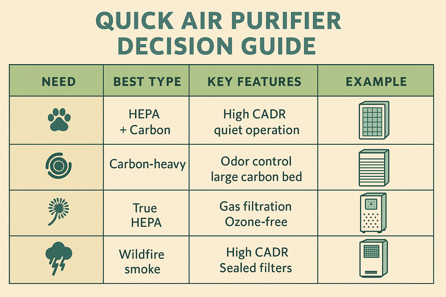 Table matching air purifier types to needs like pets, cooking odors, allergies, VOCs, and smoke.
