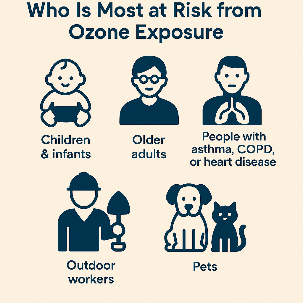 Infographic showing groups most at risk from ozone exposure: children, older adults, people with asthma or COPD, outdoor workers, and pets.