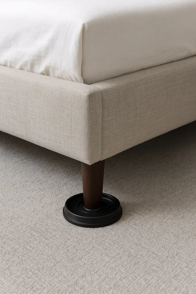 Bed legs placed in interceptor traps to capture bed bugs climbing up or down.