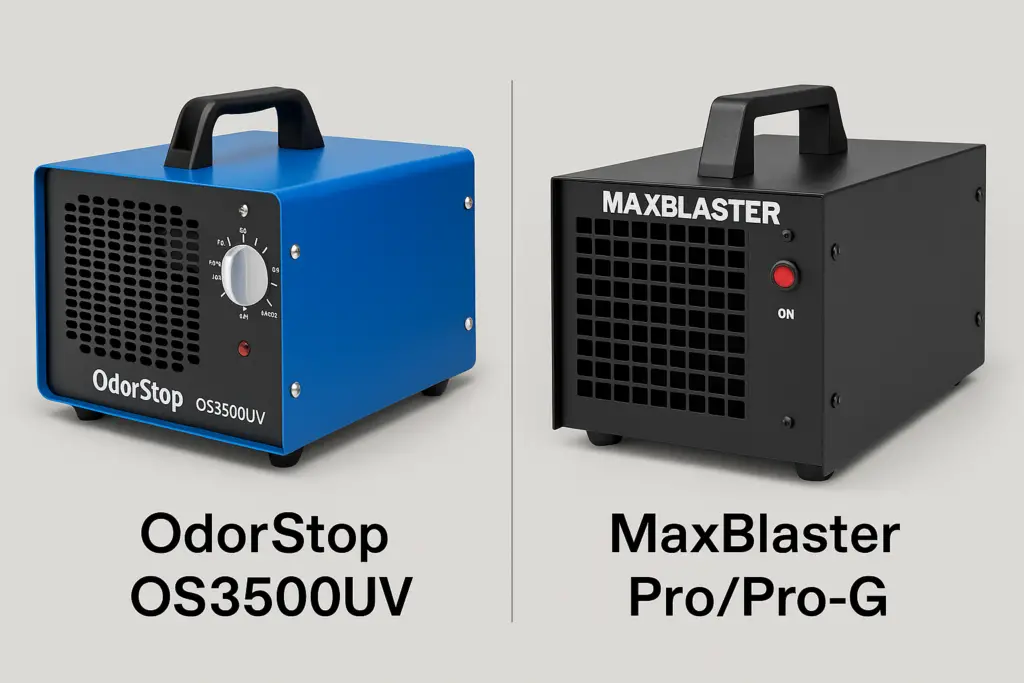 OdorStop OS3500UV and MaxBlaster Pro ozone generators side by side for comparison