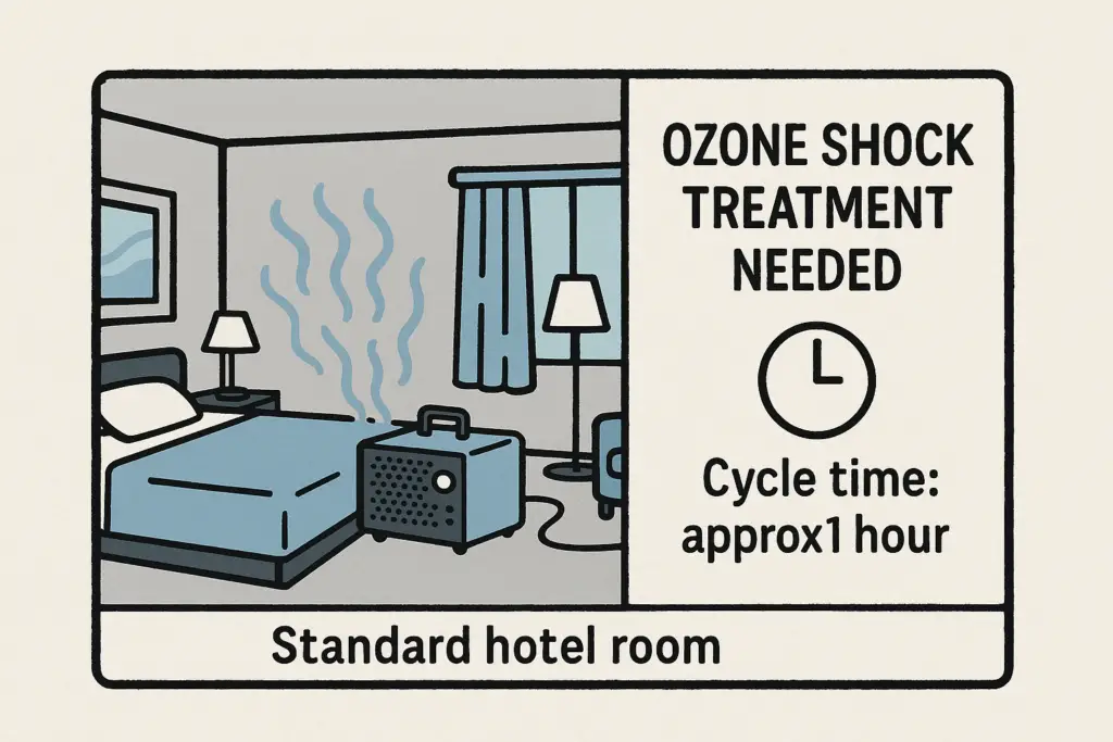 Diagram of ozone shock treatment cycle in a hotel room using an ozone generator