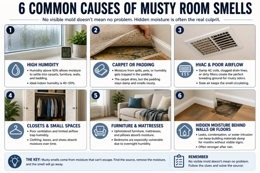 Infographic showing common causes of musty room odors including humidity, carpet moisture, HVAC issues, closets, furniture, and hidden leaks