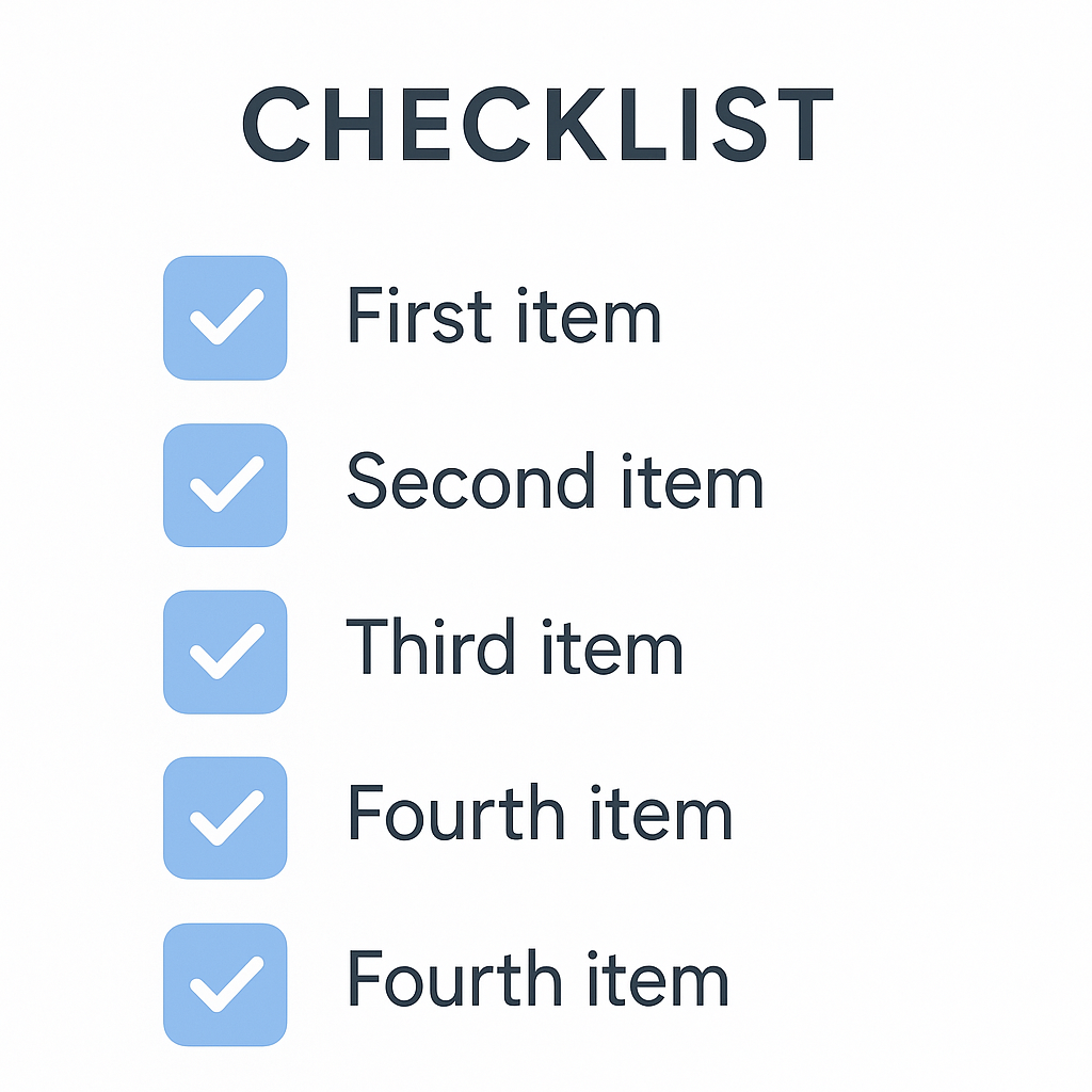 Checklist graphic with blue check icons showing sample items in a clean minimalist style.