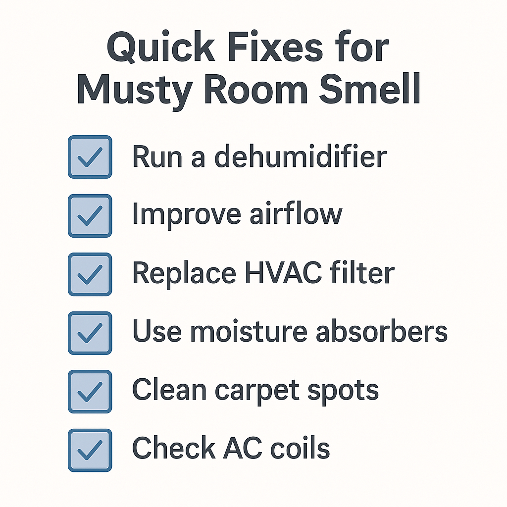 Checklist graphic showing quick fixes to remove a musty smell from a room