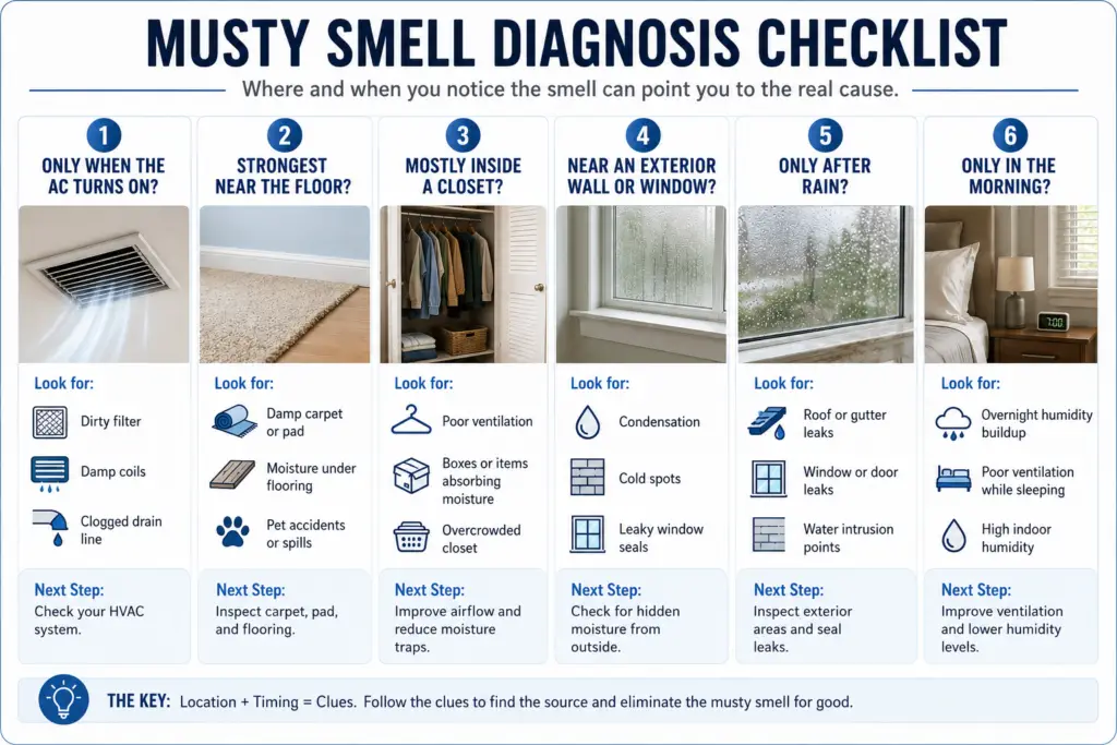 Diagnostic guide showing how to identify the source of a musty smell based on where and when it occurs