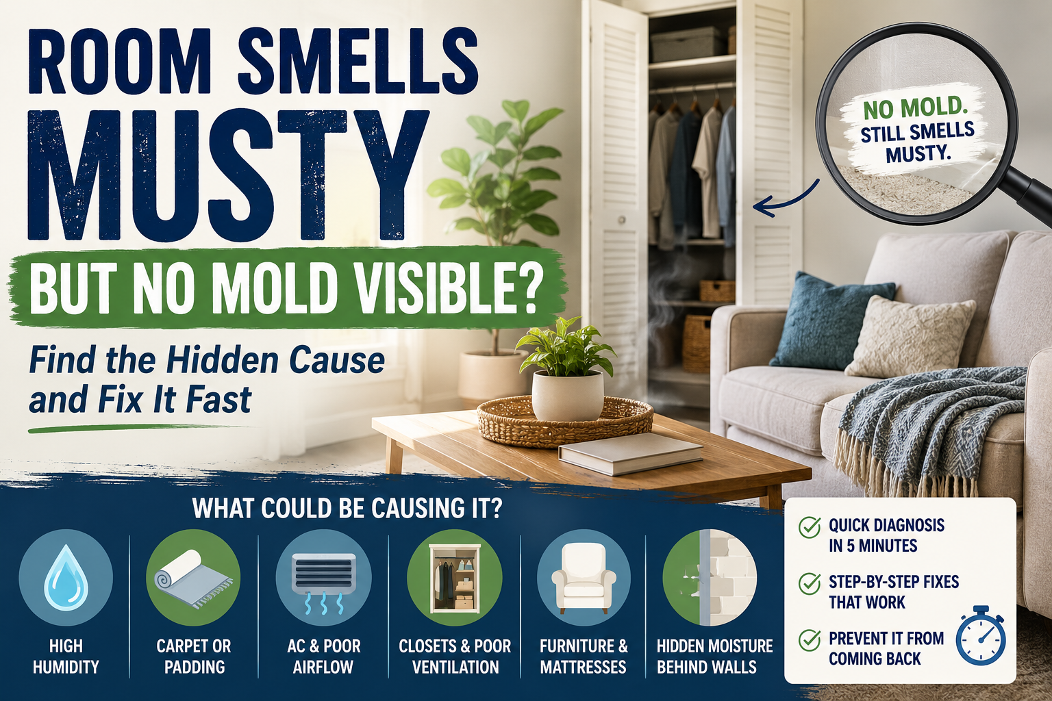 Homeowner trying to locate a musty smell in a clean bedroom with no visible mold