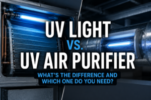 Split illustration comparing an HVAC UV coil light and an in-duct UV air purifier, showing the difference between protecting the HVAC system and treating the air throughout the home.