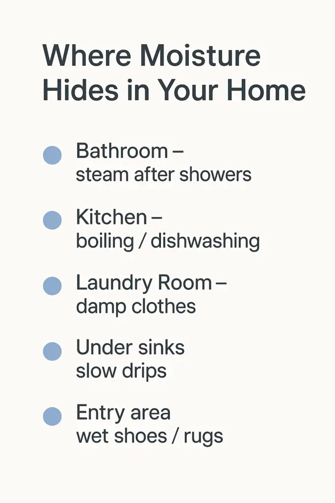 Infographic showing reasons a home feels humid, with rounded boxes explaining condensation, poor airflow, AC short cycling, and local moisture sources.