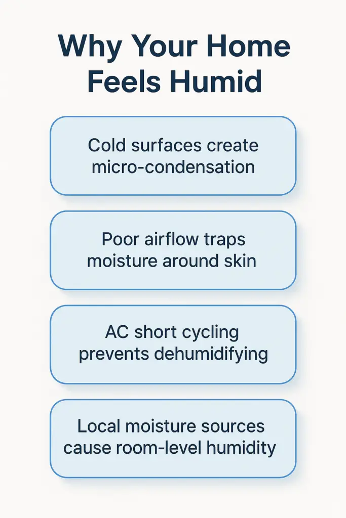 Infographic showing reasons a home feels humid, with rounded boxes explaining condensation, poor airflow, AC short cycling, and local moisture sources.