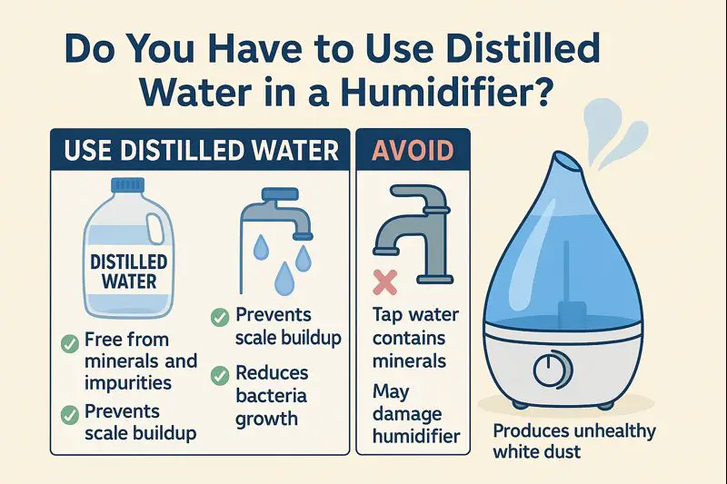 Infographic comparing distilled water vs tap water in a humidifier, showing mineral buildup, white dust, and why distilled water is recommended