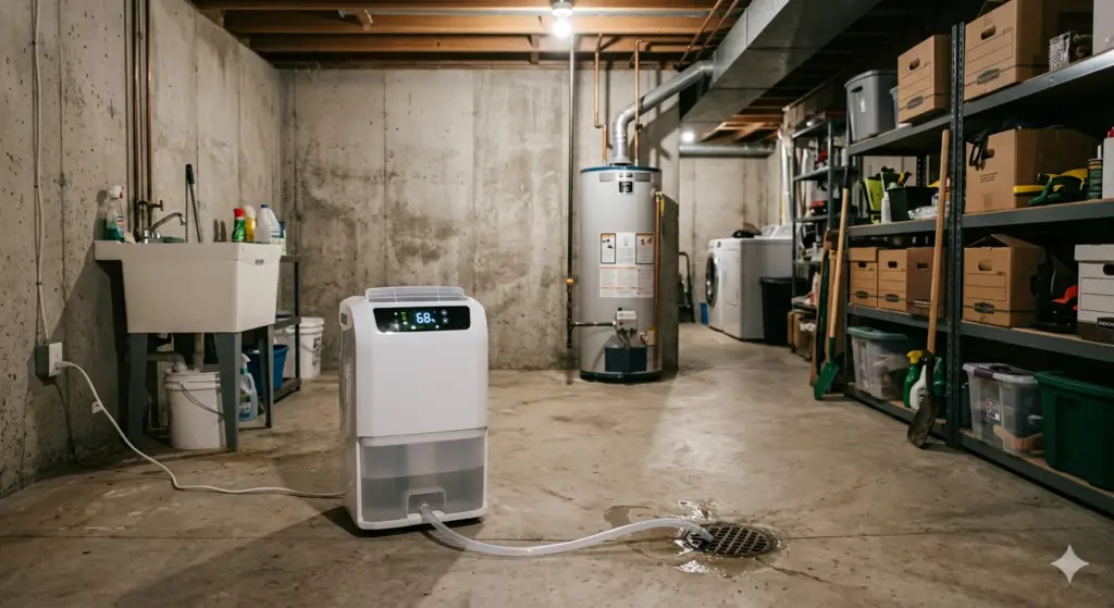 Dehumidifier removing excess moisture from a residential basement.