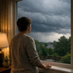 Person indoors holding their temple while looking out at an overcast sky, representing migraines that worsen before storms