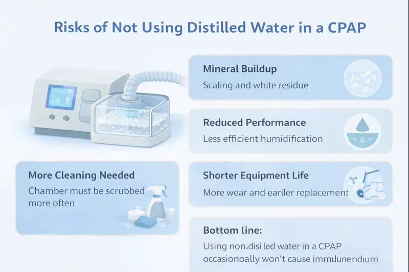 Comparison of distilled water, tap water, bottled water, and reverse osmosis water for use in a CPAP humidifier, showing mineral content and long-term effects 