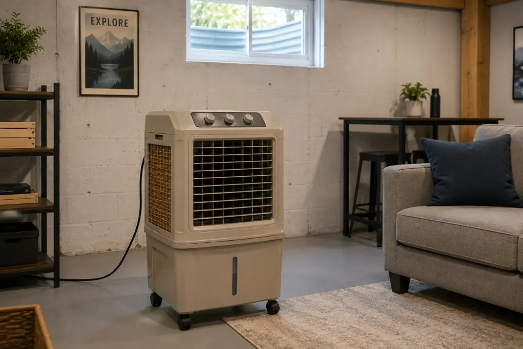Evaporative cooler operating in a finished basement.